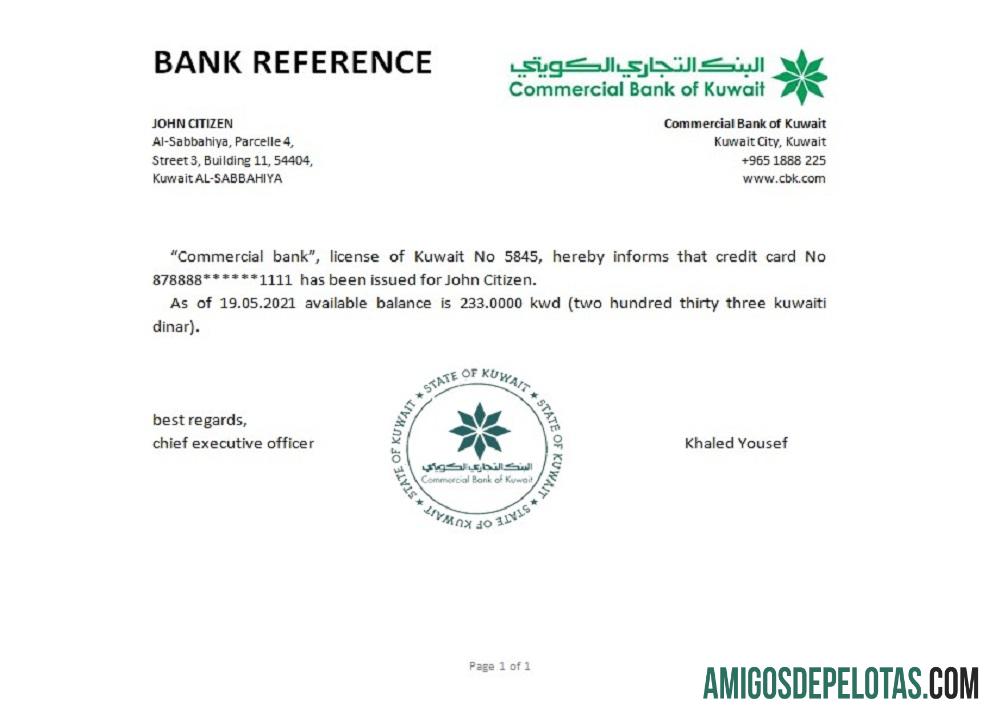 Referência do Banco Comercial do Kuwait exemplo